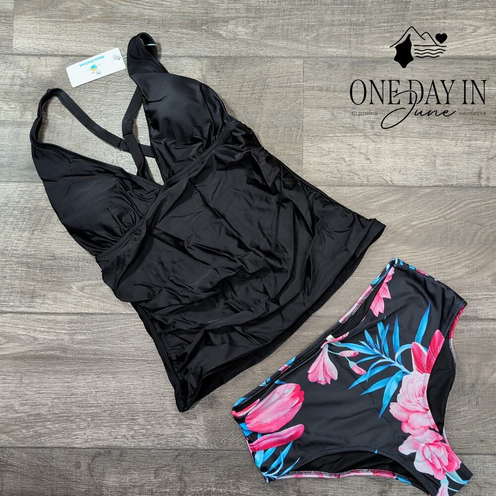 Beachsissi V Front Floral Tankini Swimsuit Size M